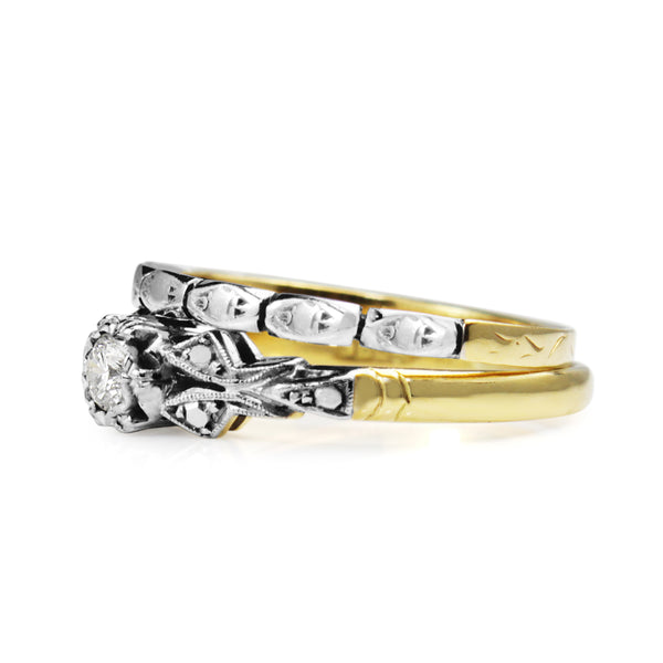 18ct Yellow and White Gold Vintage Diamond Solitaire Ring With Matching Band - Ring Set