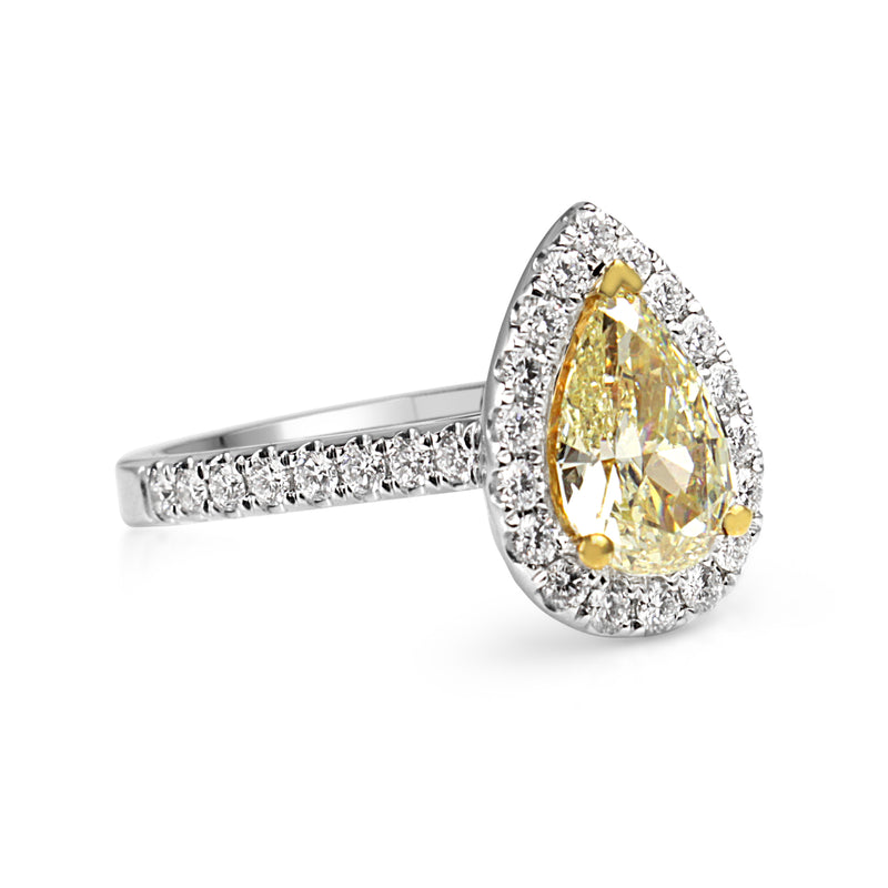 18ct Yellow and White Gold Fancy Yellow Pear Diamond Halo Ring