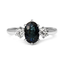 18ct White Gold Oval Sapphire and Old Cut Diamond Ring