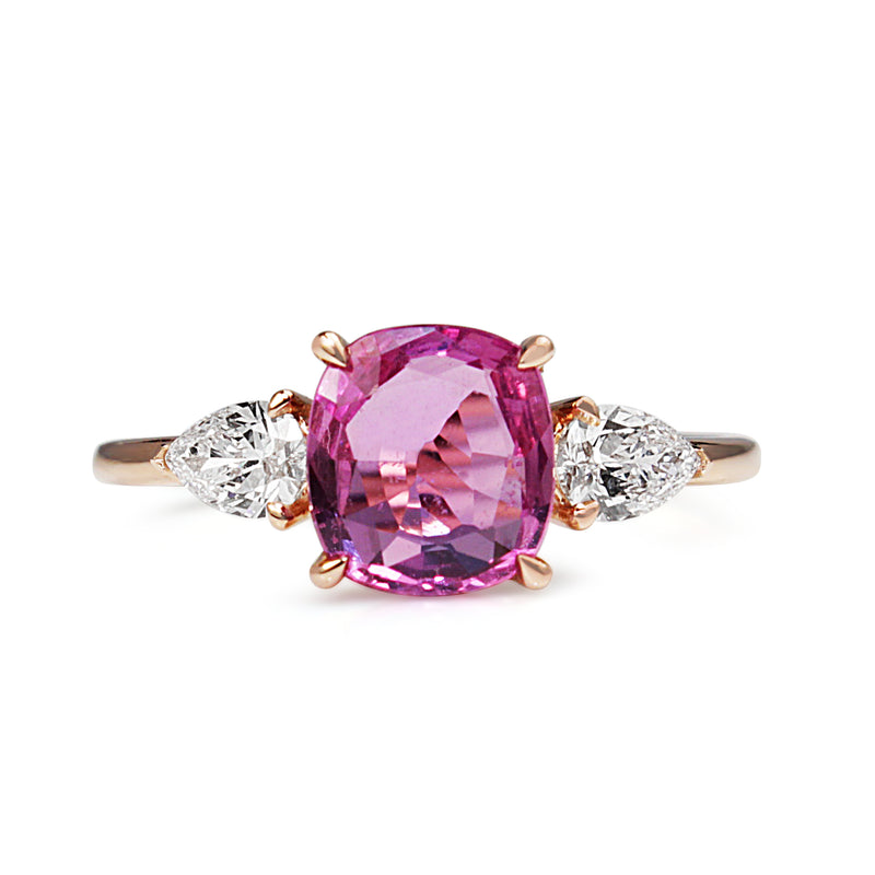 18ct Rose Gold Pink Cushion Sapphire and Pear Diamond 3 Stone Ring