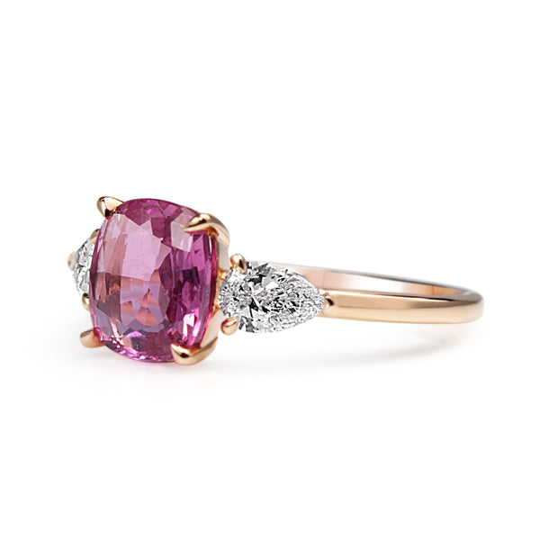 18ct Rose Gold Pink Cushion Sapphire and Pear Diamond 3 Stone Ring