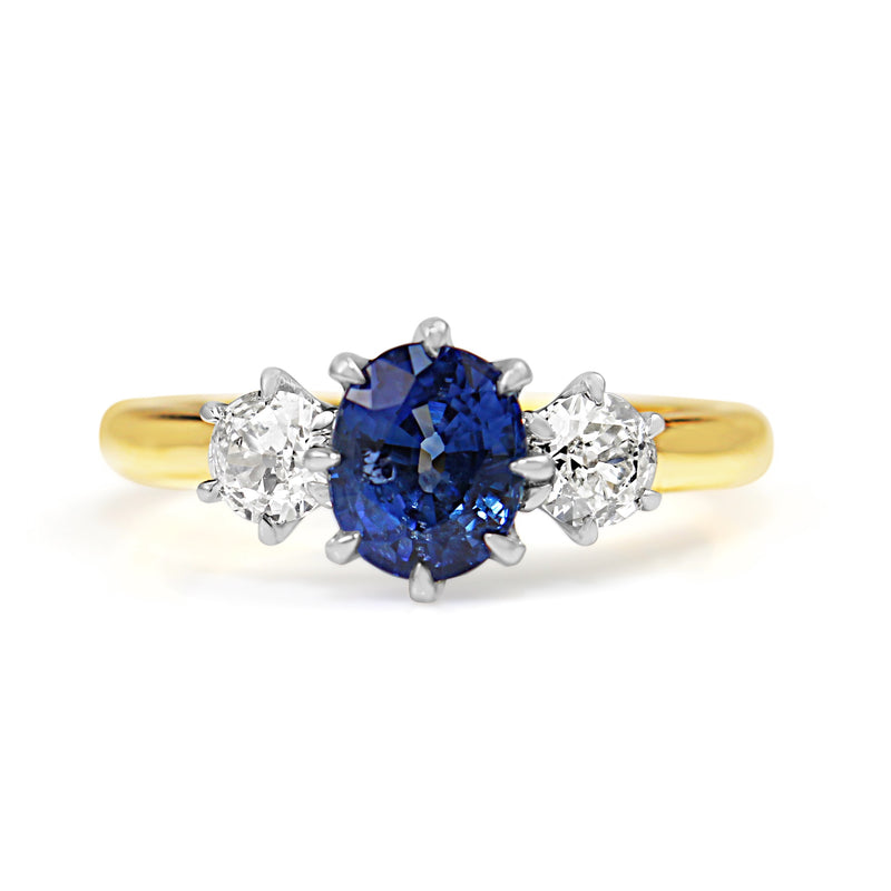 18ct Yellow and White Gold Cornflower Blue Sapphire and Old Cut Diamond Ring