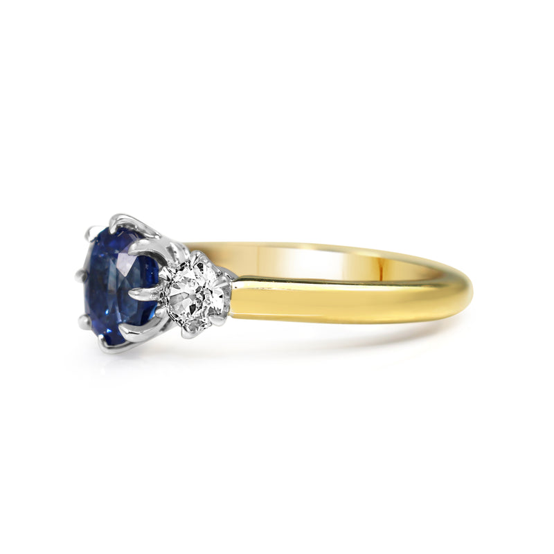 18ct Yellow and White Gold Cornflower Blue Sapphire and Old Cut Diamond Ring
