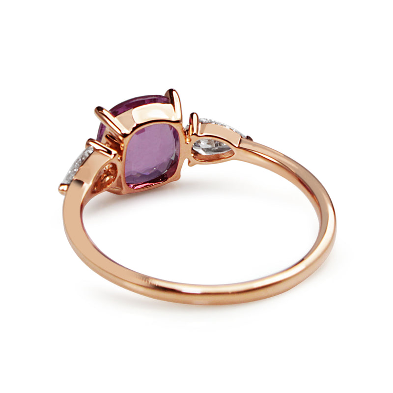 18ct Rose Gold Pink Cushion Sapphire and Pear Diamond 3 Stone Ring