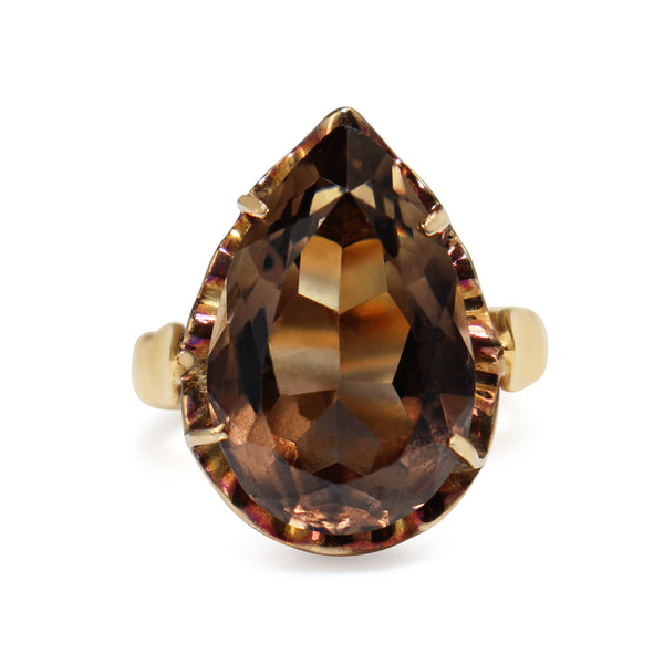 14ct Yellow Gold Smokey Quartz Pear Solitaire Ring