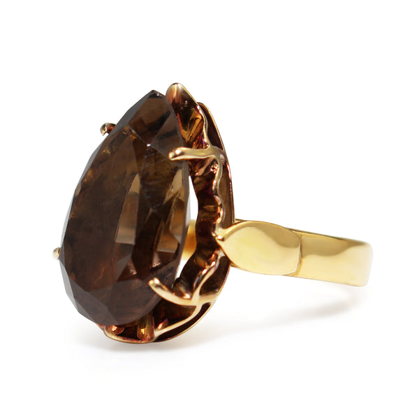 14ct Yellow Gold Smokey Quartz Pear Solitaire Ring