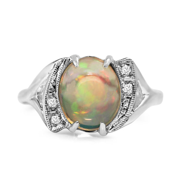 14ct White Gold Opal and Diamond Ring