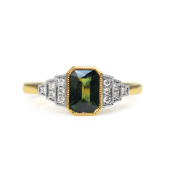 18ct Yellow and White Gold Green Sapphire and Diamond Ring