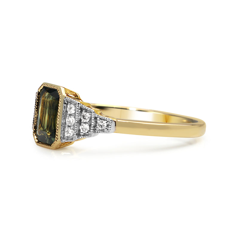 18ct Yellow and White Gold Green Sapphire and Diamond Ring