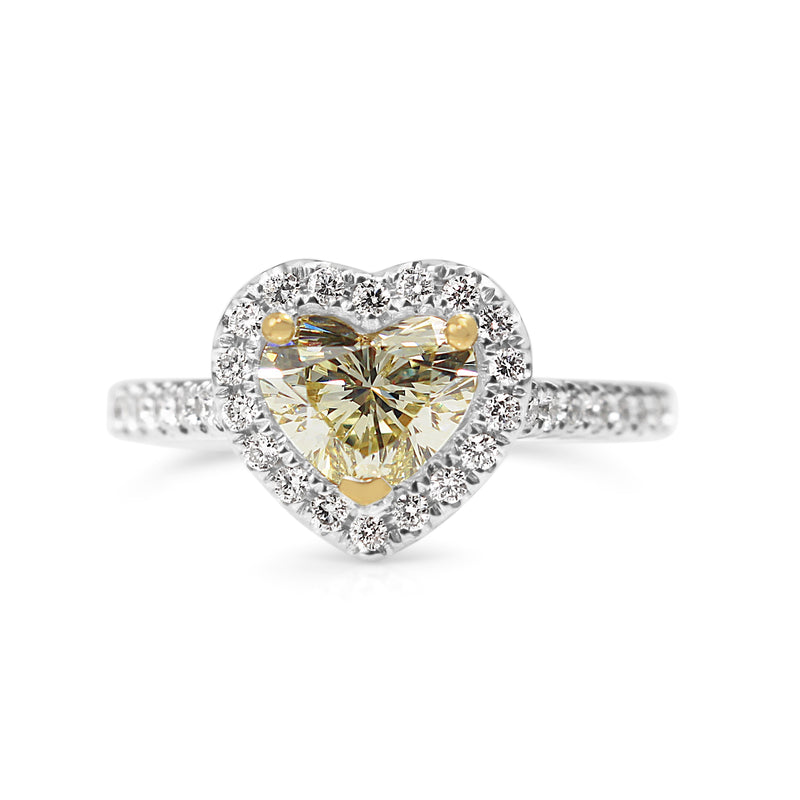 18ct White Gold Yellow Heart Diamond Halo Ring