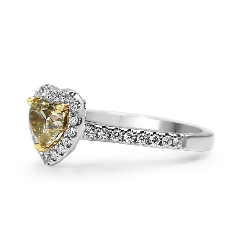 18ct White Gold Yellow Heart Diamond Halo Ring