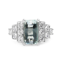 18ct White Gold Aquamarine and Diamond Deco Style Ring