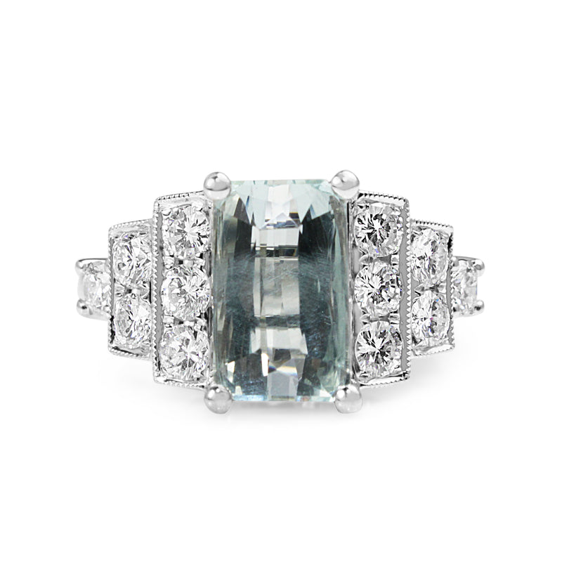 18ct White Gold Aquamarine and Diamond Deco Style Ring