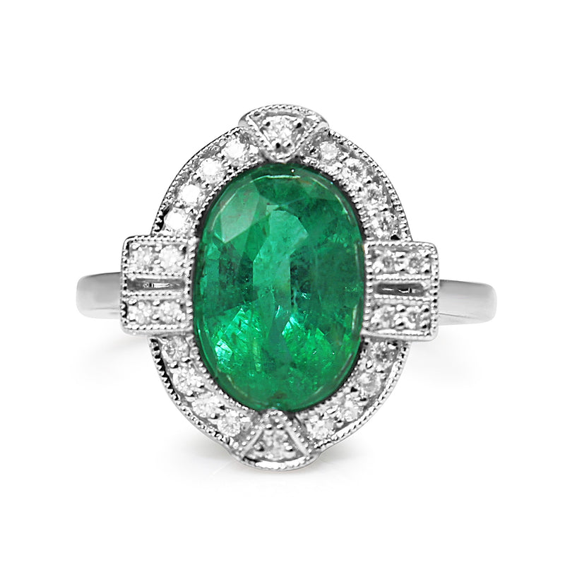 18ct White Gold Art Deco Style Emerald and Diamond Halo Ring