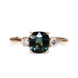 18ct Rose Gold 1.40 Cushion Teal Sapphire and Diamond 3 Stone Ring