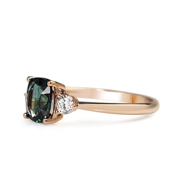 18ct Rose Gold 1.40 Cushion Teal Sapphire and Diamond 3 Stone Ring