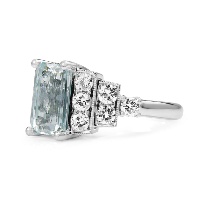 18ct White Gold Aquamarine and Diamond Deco Style Ring