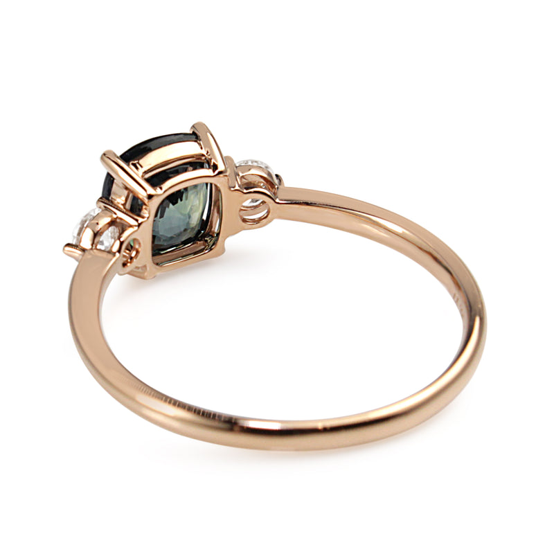 18ct Rose Gold 1.40 Cushion Teal Sapphire and Diamond 3 Stone Ring