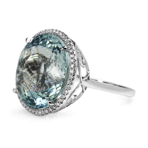 18ct White Gold 20.00 Aquamarine and Diamond Halo Cocktail Ring