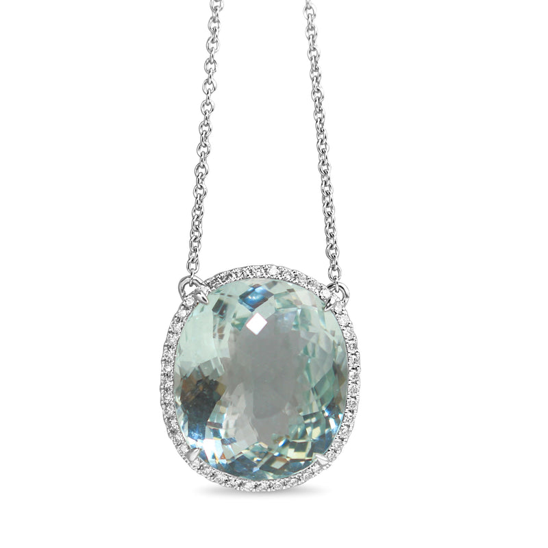 18ct White Gold 11.40 Aquamarine and Diamond Halo Necklace