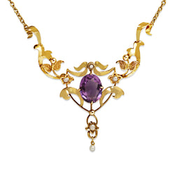 9ct Yellow Gold Amethyst and Pearl Antique Necklace