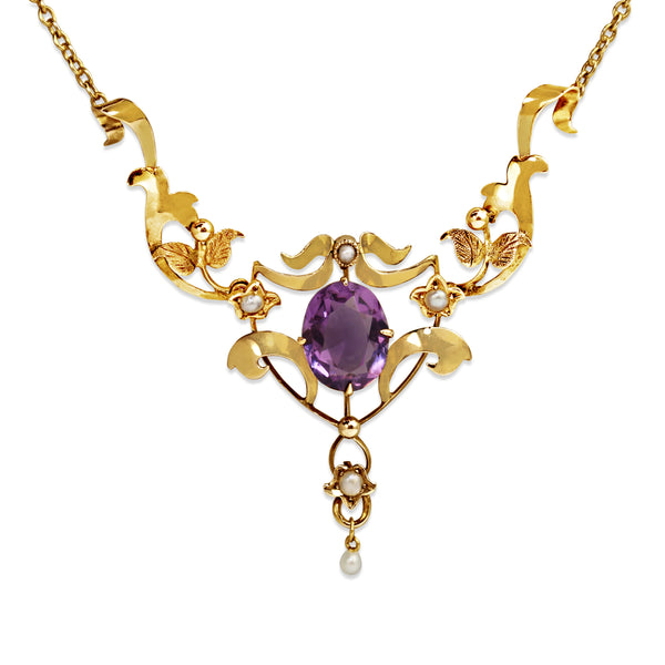 9ct Yellow Gold Amethyst and Pearl Antique Necklace