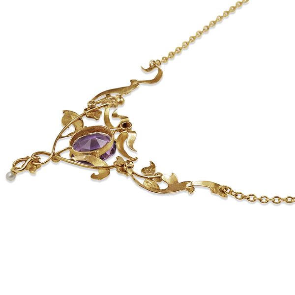 9ct Yellow Gold Amethyst and Pearl Antique Necklace