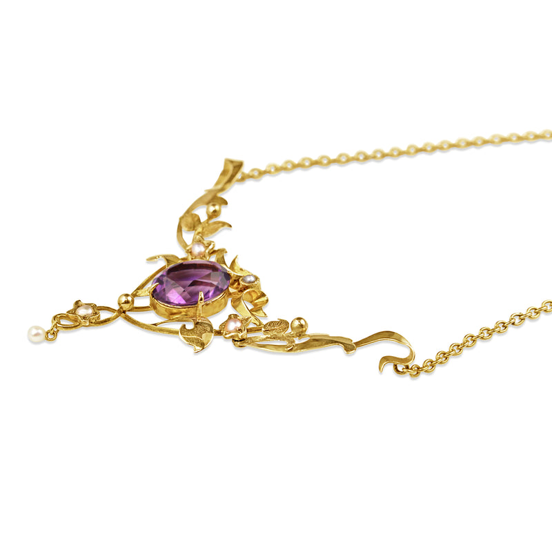 9ct Yellow Gold Amethyst and Pearl Antique Necklace
