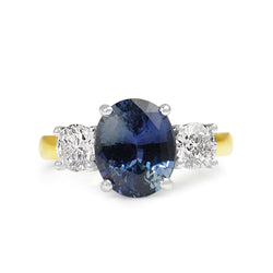 18ct Yellow and White Gold Oval 3.20 Sapphire and Diamond 3 Stone Ring