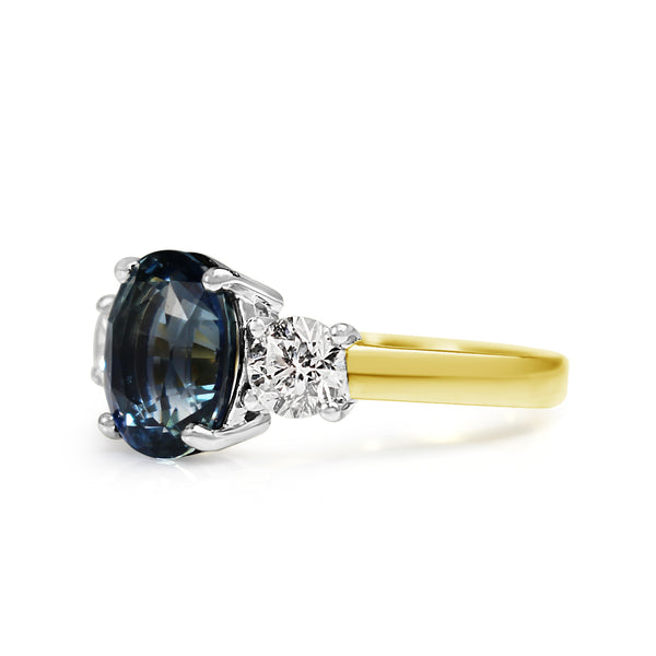 18ct Yellow and White Gold Oval 3.20 Sapphire and Diamond 3 Stone Ring