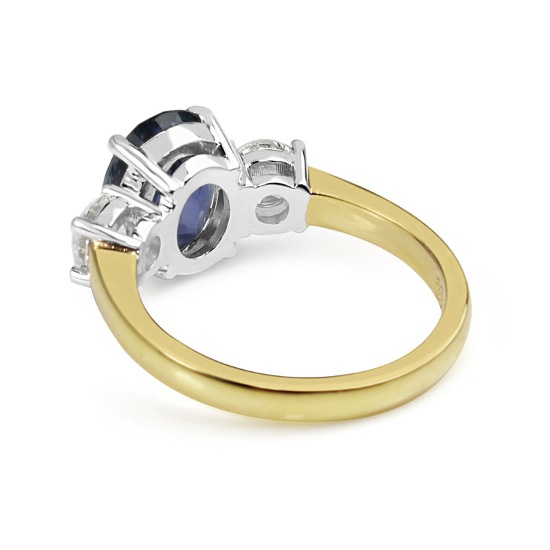18ct Yellow and White Gold Oval 3.20 Sapphire and Diamond 3 Stone Ring
