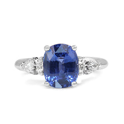 18ct White Gold Cornflower Blue Sapphire and Pear Diamond 3 Stone Ring
