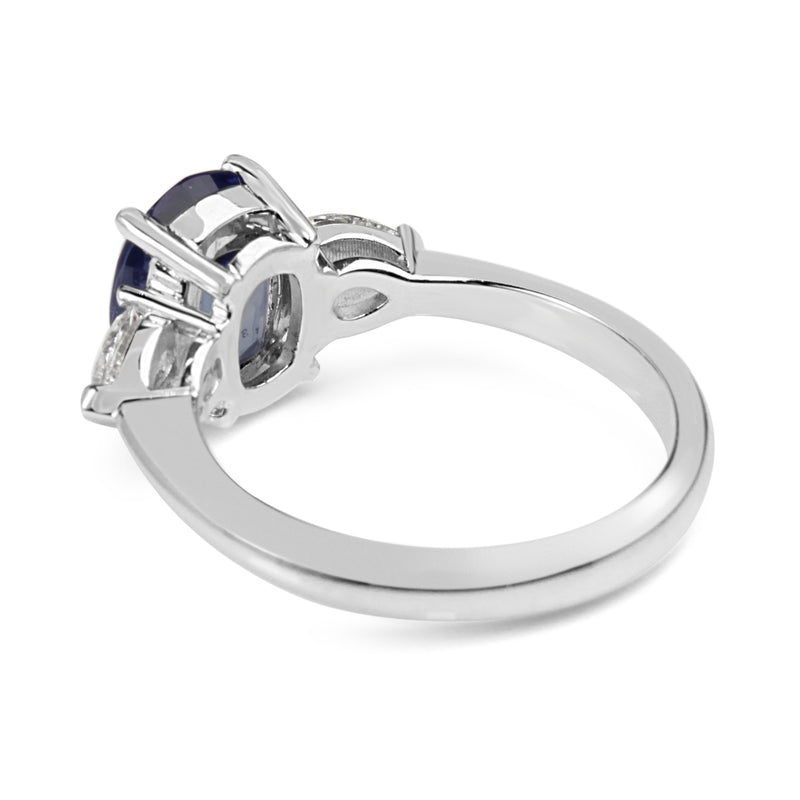 18ct White Gold Cornflower Blue Sapphire and Pear Diamond 3 Stone Ring