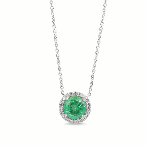 18ct White Gold Emerald and Diamond Halo Necklace