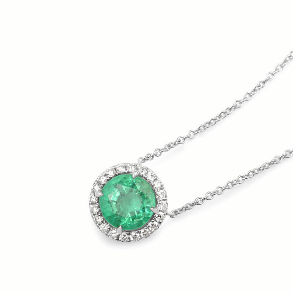 18ct White Gold Emerald and Diamond Halo Necklace