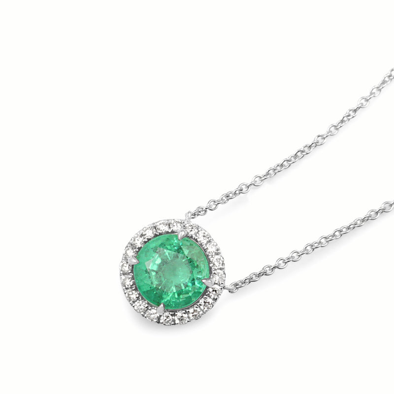 18ct White Gold Emerald and Diamond Halo Necklace