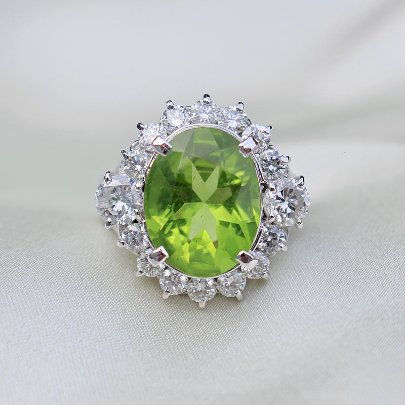 Platinum Peridot and Diamond Cluster Ring