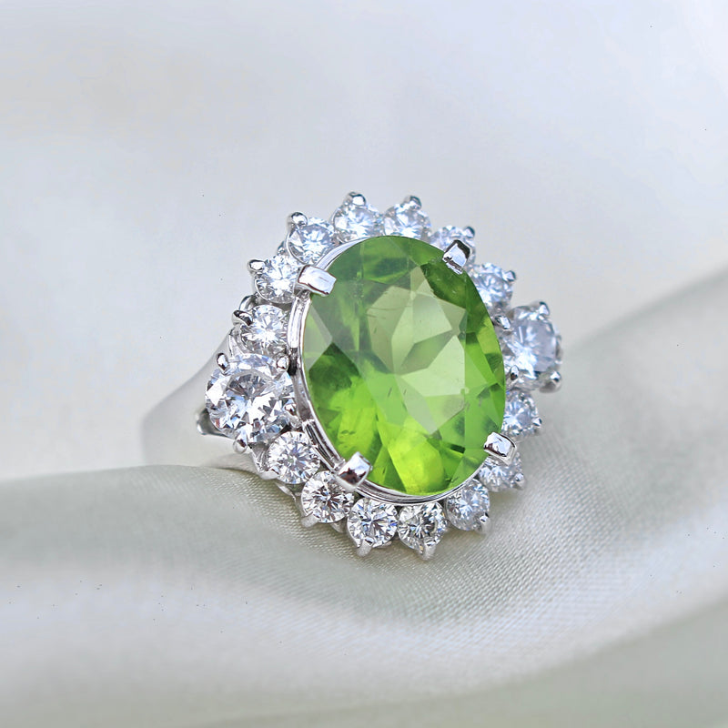 Platinum Peridot and Diamond Cluster Ring