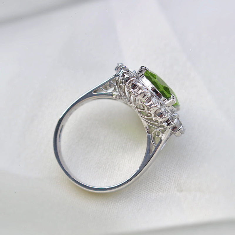 Platinum Peridot and Diamond Cluster Ring