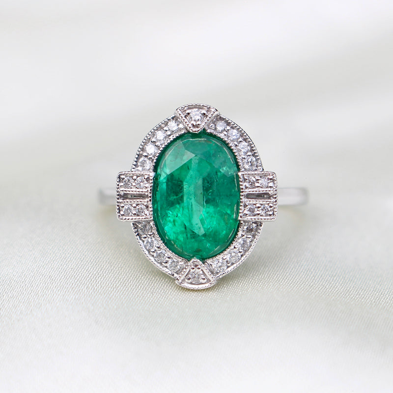 18ct White Gold Art Deco Style Emerald and Diamond Halo Ring