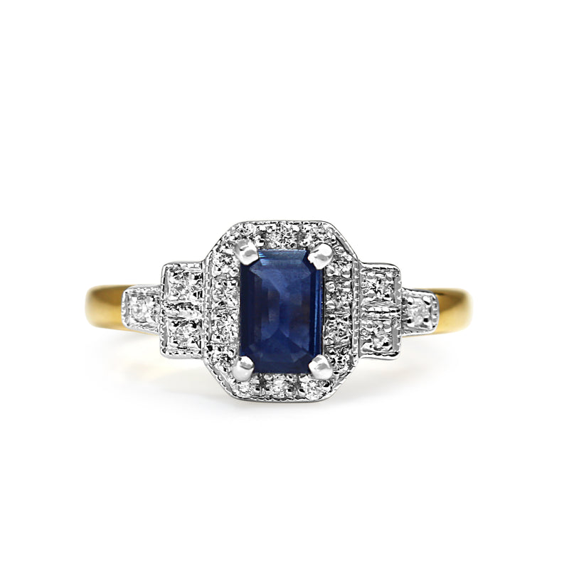 9ct Yellow and White Gold Sapphire and Diamond Deco Style Ring