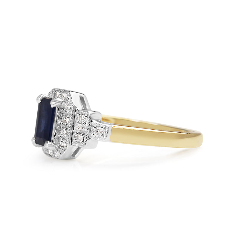 9ct Yellow and White Gold Sapphire and Diamond Deco Style Ring