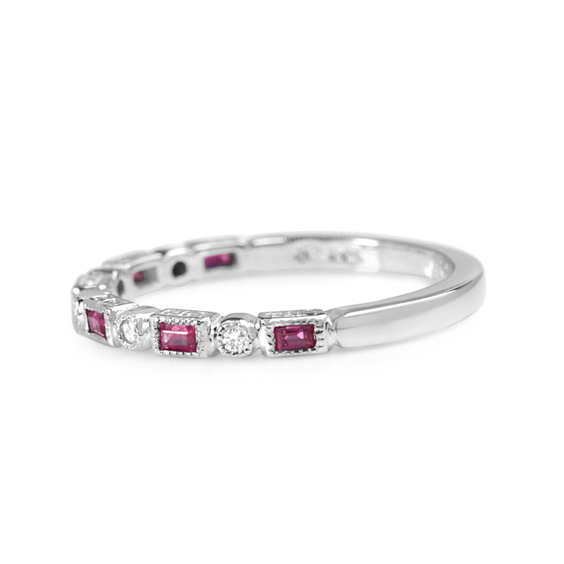 9ct White Gold Ruby and Diamond Deco Style Ring