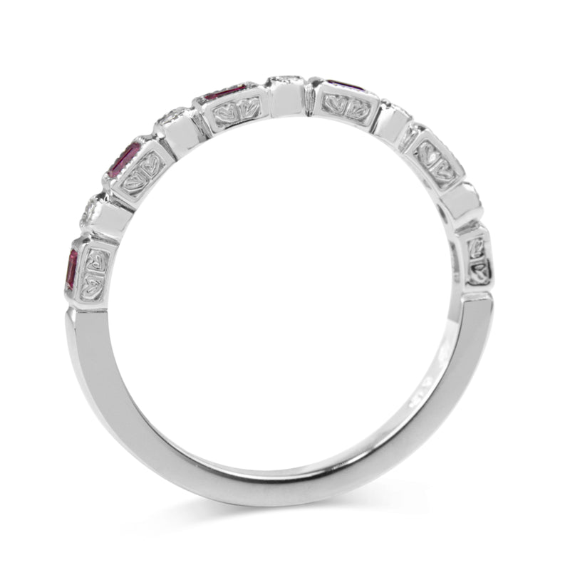 9ct White Gold Ruby and Diamond Deco Style Ring