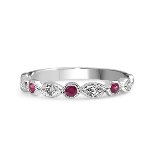 9ct White Gold Ruby and Diamond Vintage Style Ring