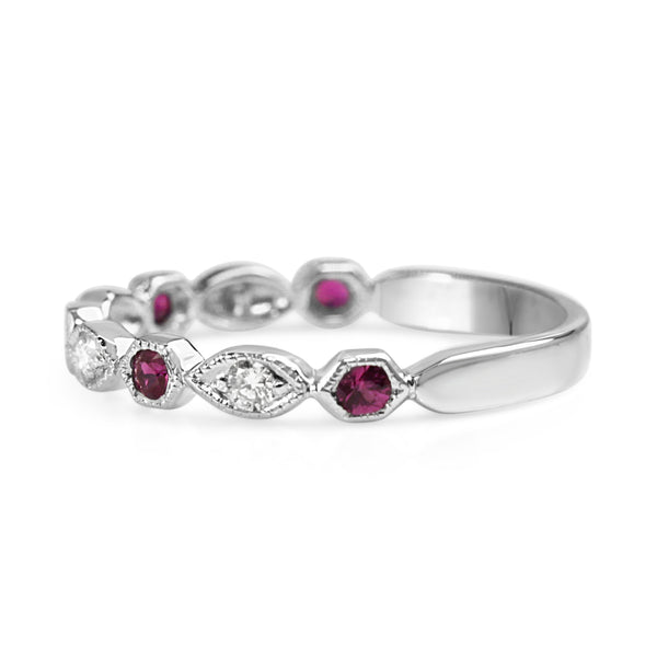 9ct White Gold Ruby and Diamond Vintage Style Ring