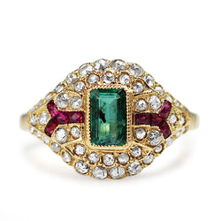14ct Yellow Gold Deco Style Emerald, Ruby and Rose Cut Diamond Ring