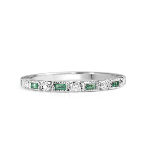 9ct White Gold Emerald and Diamond Deco Style Ring