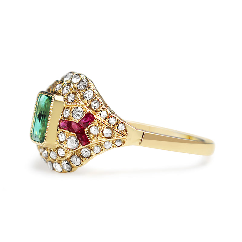 14ct Yellow Gold Deco Style Emerald, Ruby and Rose Cut Diamond Ring