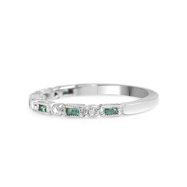 9ct White Gold Emerald and Diamond Deco Style Ring
